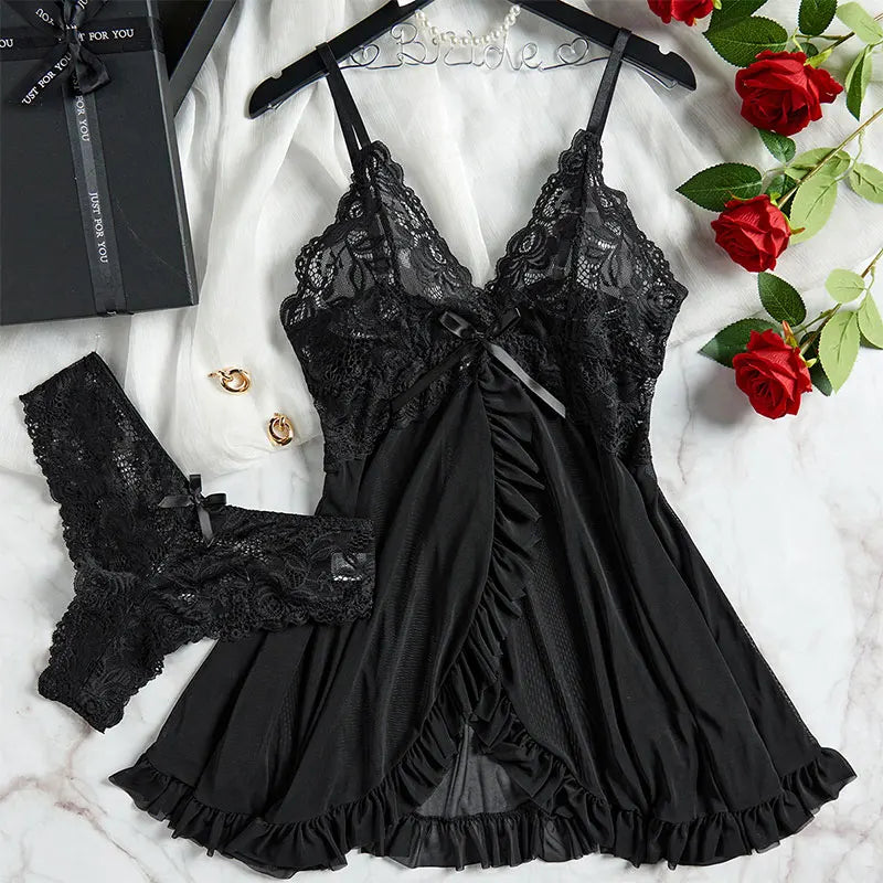 2 Pcs Set Lace Nightgown Women Exquisite Homewear New Green Nighttime Pajamas Transparent Split Nightdress V-Neck Bra Panty Sets