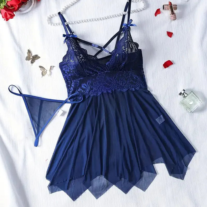 2 Pcs Set Lace Nightgown Women Exquisite Homewear New Green Nighttime Pajamas Transparent Split Nightdress V-Neck Bra Panty Sets