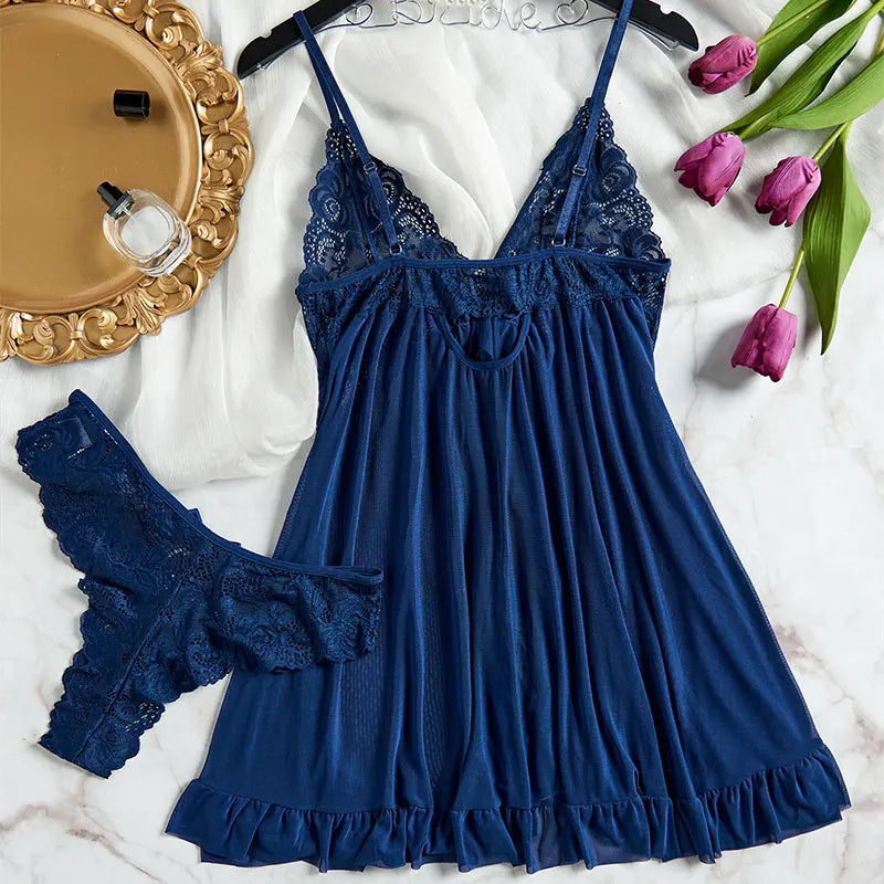 2 Pcs Set Lace Nightgown Women Exquisite Homewear New Green Nighttime Pajamas Transparent Split Nightdress V-Neck Bra Panty Sets