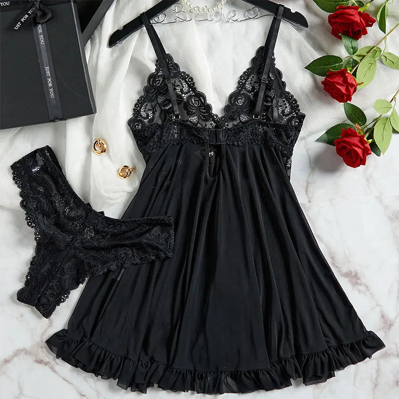 2 Pcs Set Lace Nightgown Women Exquisite Homewear New Green Nighttime Pajamas Transparent Split Nightdress V-Neck Bra Panty Sets
