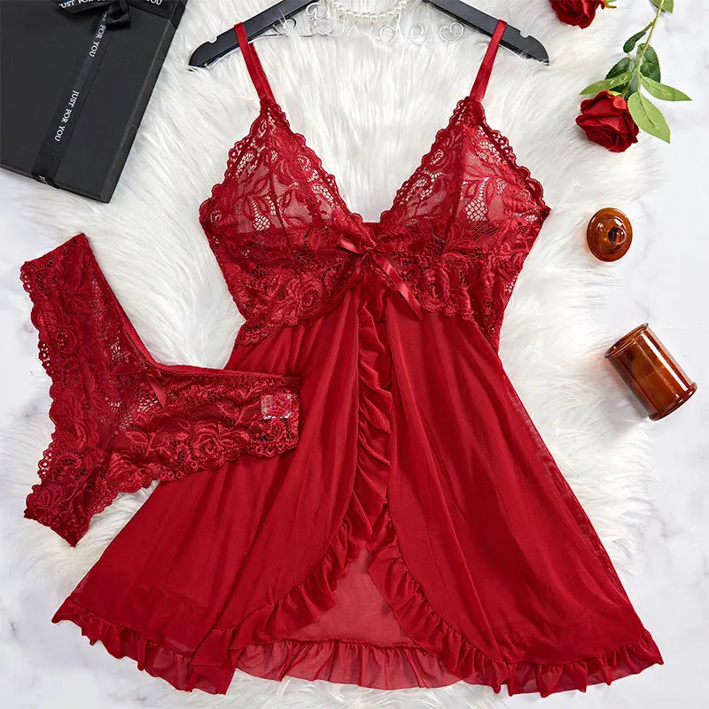 2 Pcs Set Lace Nightgown Women Exquisite Homewear New Green Nighttime Pajamas Transparent Split Nightdress V-Neck Bra Panty Sets