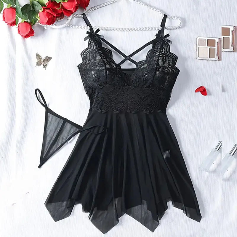 2 Pcs Set Lace Nightgown Women Exquisite Homewear New Green Nighttime Pajamas Transparent Split Nightdress V-Neck Bra Panty Sets