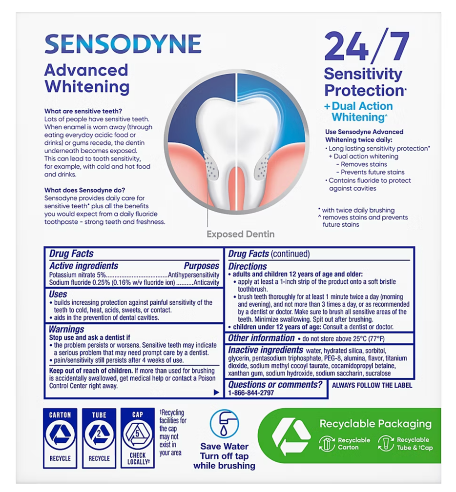 Sensodyne Advanced Whitening Toothpaste, For Sensitive Teeth and Cavity Protection, 2 pk./6.5 oz.