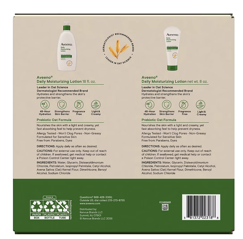 Aveeno Daily Moisturizing Body Lotion For Dry Skin, 2 pk./18 fl. oz. + 8 oz. Tube